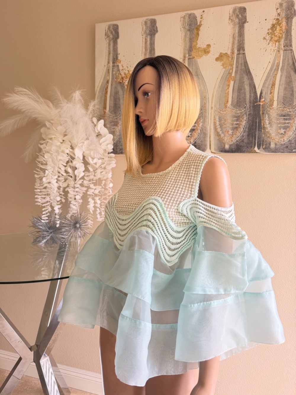Sheer Ruffled Off-Shoulder Top in Mint